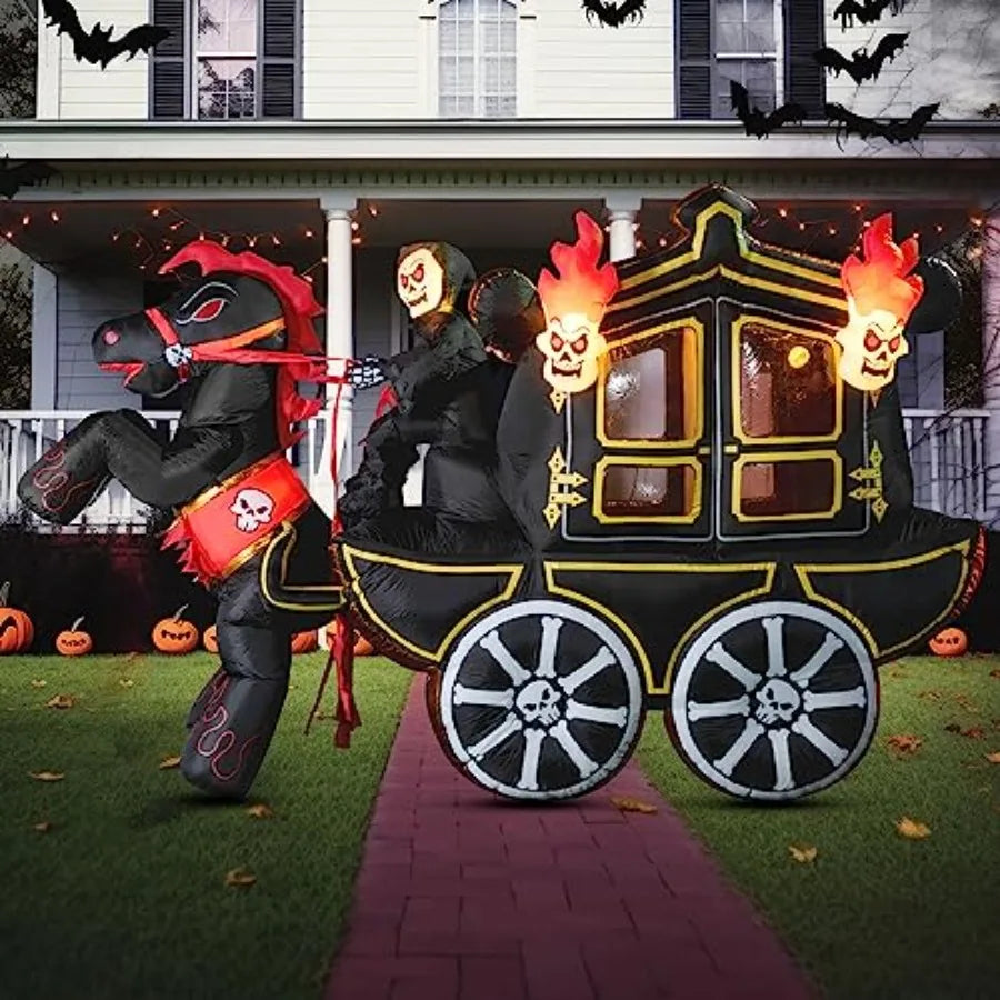 Outdoor Halloween inflatable carriage decoration, PVC material, black and red, 10 ft long with built-in LEDs and hellfire desig