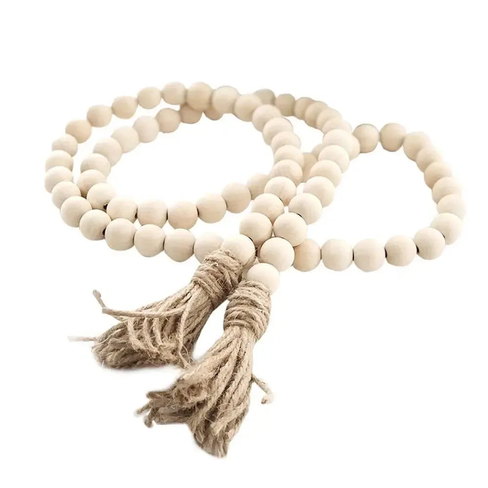 Farmhouse Beads Wood Bead Boho Tassel Garland - Rustic Design Country Boho Chic Decor for Wall, Above Cabinet & Table