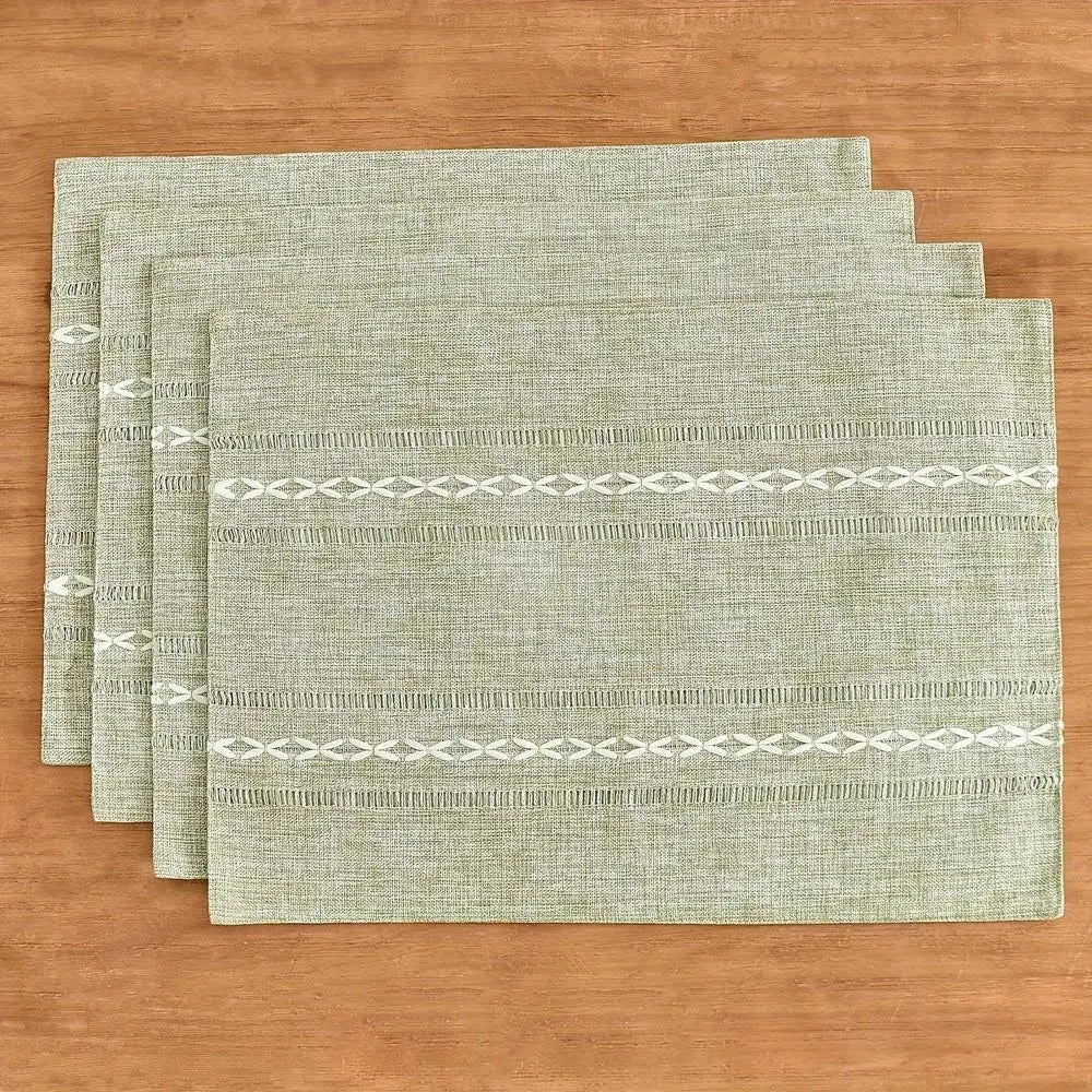 Fresh Green Linen Table Mats Handwoven Rectangular Placemats With Intricate White Patterns, Ideal For Dining Room And Home Deco