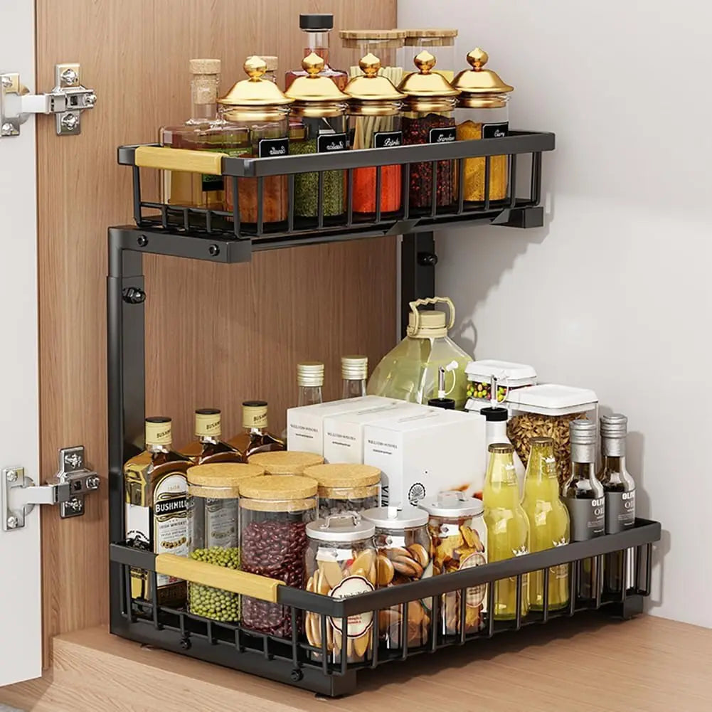 1PC 2 Tier Under Sink Organizer L-Shaped Multi-Function Shelf for Kitchen Bathroom Space Saving 16.5"–19.2" Carbon Cabinet Organizer