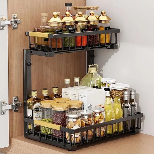 1PC 2 Tier Under Sink Organizer L-Shaped Multi-Function Shelf for Kitchen Bathroom Space Saving 16.5"–19.2" Carbon Cabinet Organizer