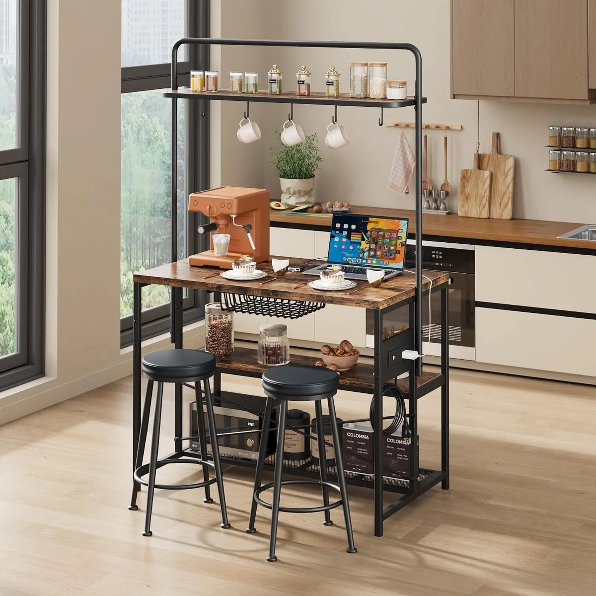 Industrial Kitchen Island Dining Table with Power Outlet: Includes 2 Bar Stools, 3-Tier Storage Shelves, 5 Hooks & Microwave Stand, Multifunctional Coffee Bar for Dining Room, Living Room