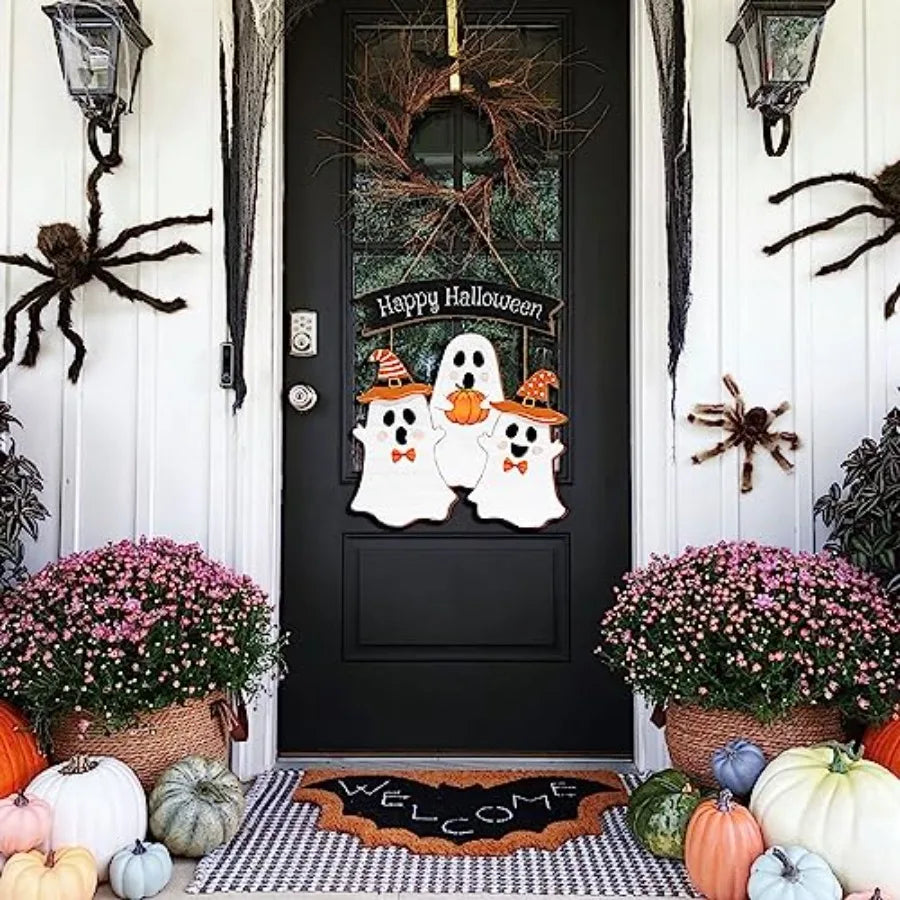 Halloween Ghost Door Sign BOO Decorations, Happy Halloween Wooden Ghost Hanging Sign for Front Door Hanger Wreath Decor, Hallow