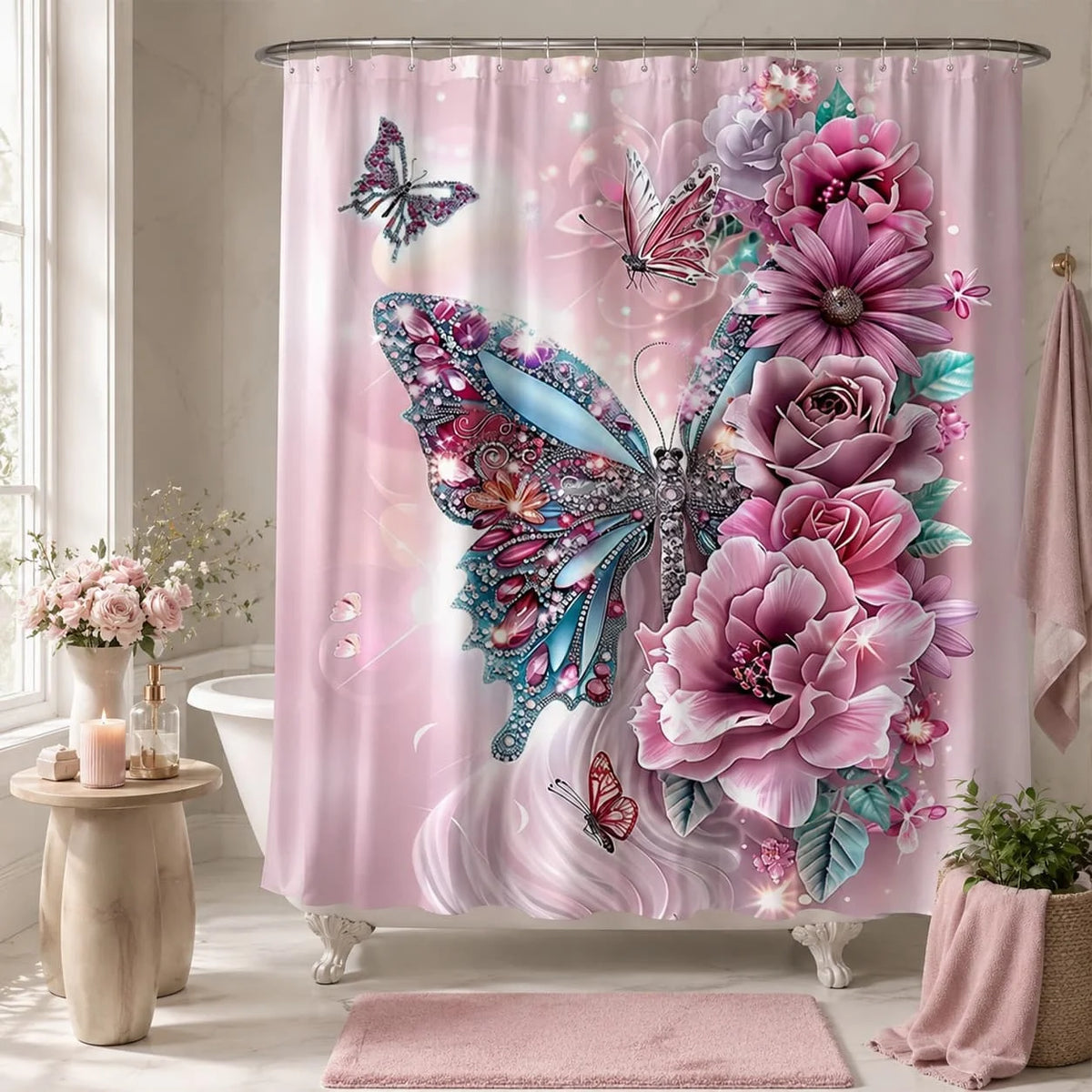 2D Flat, 2D Flat Shower Curtain, 1pc, Floral Butterfly Shower Curtain, Bathroom Decor Bathtub Partition Hanging Curtain, Includes 12 Hooks, Flower and Butterfly Design, Suitable for Elegant Home Decor, Suitable for Rooms, Hom