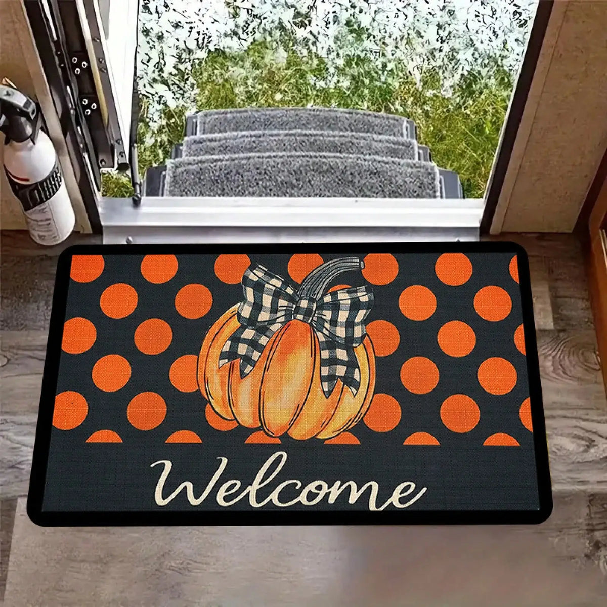 1pc Black & Orange Plaid Pumpkin Welcome With Bow - Heavy-Duty 600g/² Non-Slip, Washable Autumn Fall Welcome Sign Porch, RV, /Outdoor Use - Beige Bow Accent &