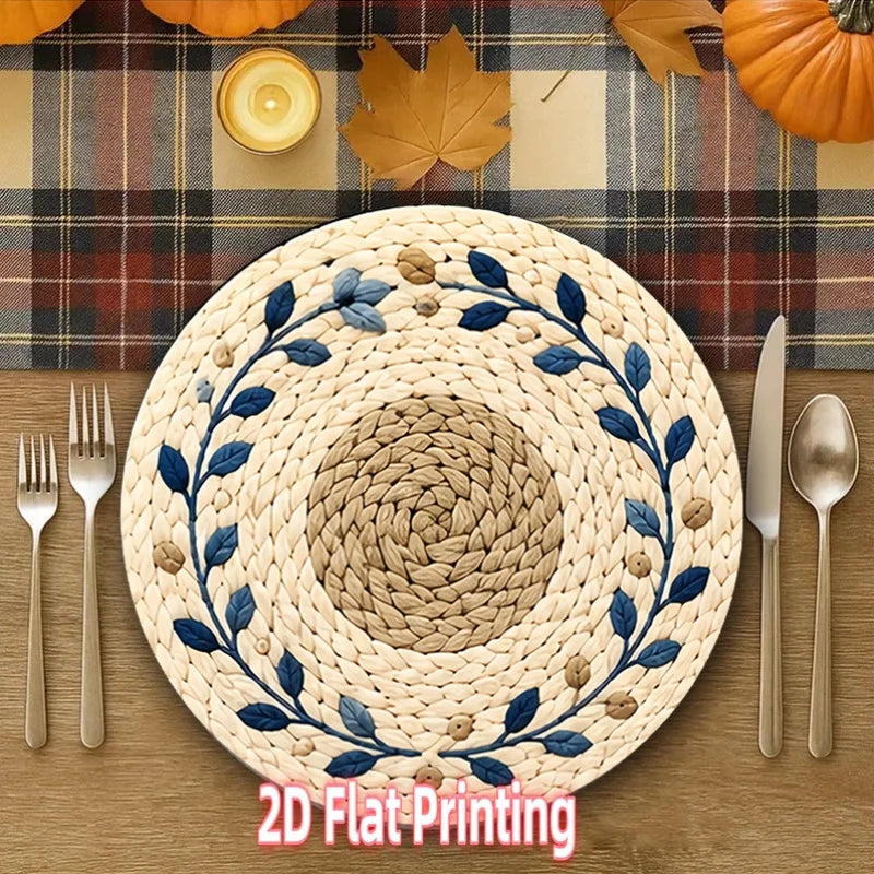 Set of 4 Beige & Blue Round Wooden Placemats - Suitable for Textured Dining Tables, Table Decor, Ideal for Parties, Easter Dinners and Table Settings, 2D Flat Print