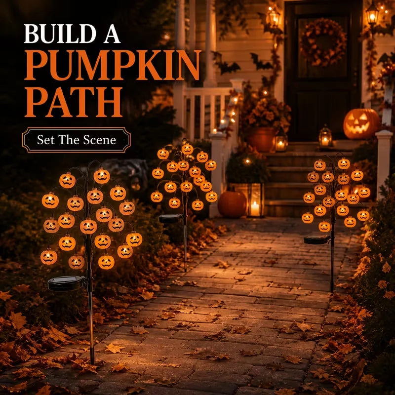 1 Set / 2 Sets of Halloween solar swaying pumpkin lamps, Floor-standing lamps, Decorative lights for creating a terrifying outdoor Halloween atmosphere. One lamp features 20 warm white LEDs, an extended support pole of 100cm,