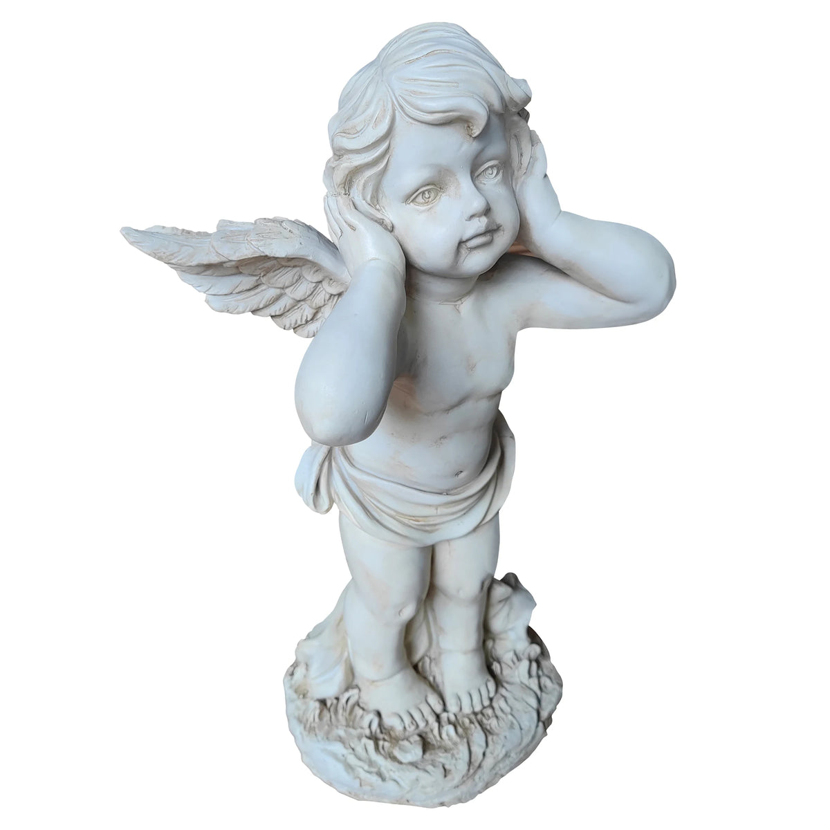 Winged Angel Garden Statue Covering Ears, Weatherproof Resin Outdoor Sculpture, Emotional Angel Figurine for Lawn, Patio & Yard Decor