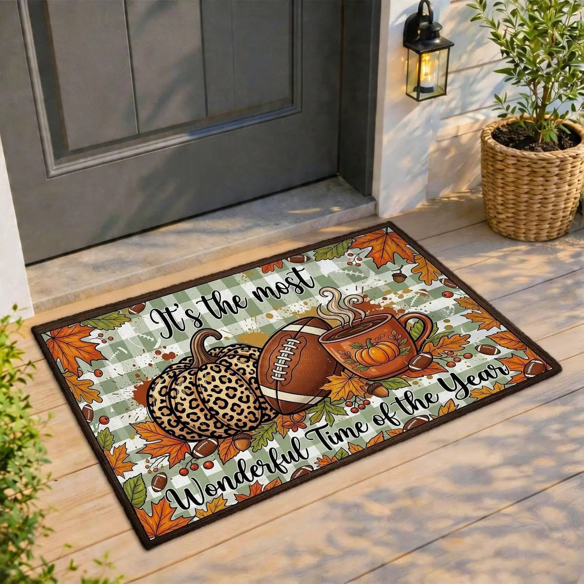 Pumpkin Football Coffee Cup Welcome Door Mat, Autumn Rustic Floor Rug With Football Theme Design, Non-Slip Outdoor Carpet For Bedroom, Front Door, Entryway