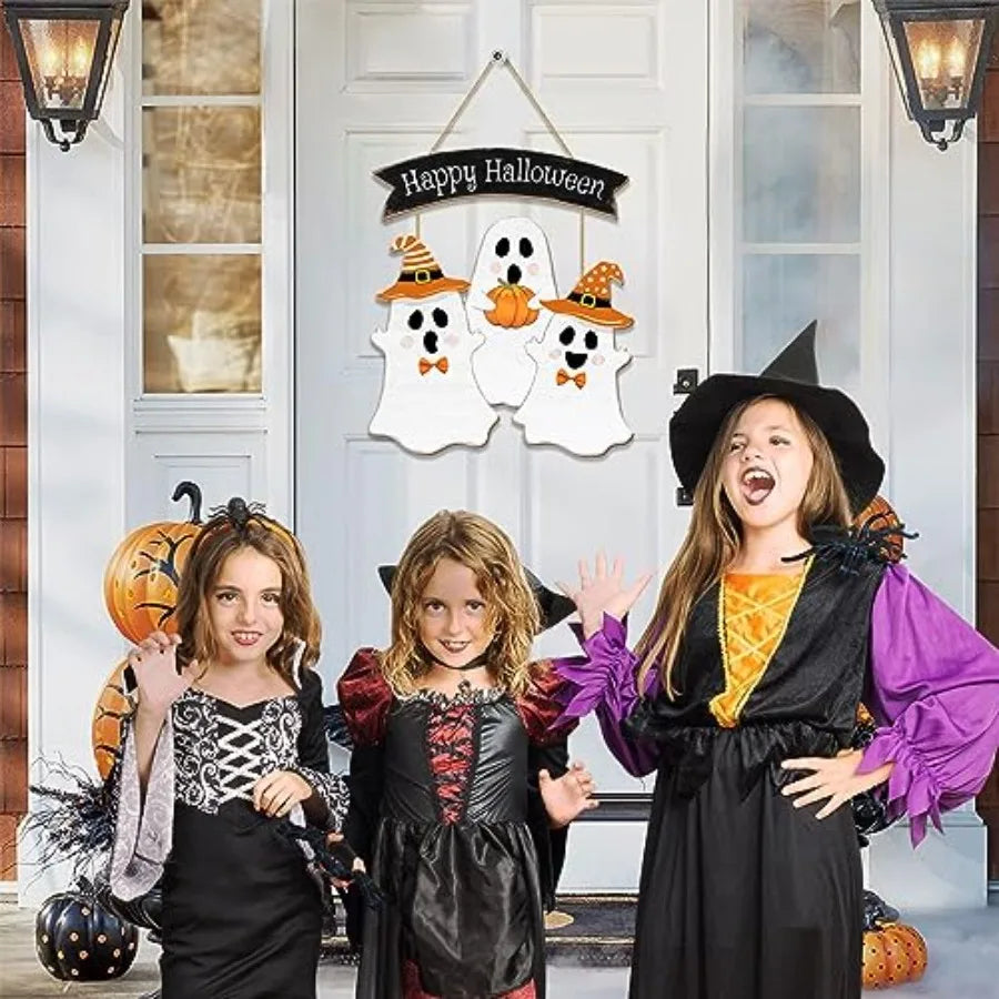 Halloween Ghost Door Sign BOO Decorations, Happy Halloween Wooden Ghost Hanging Sign for Front Door Hanger Wreath Decor, Hallow