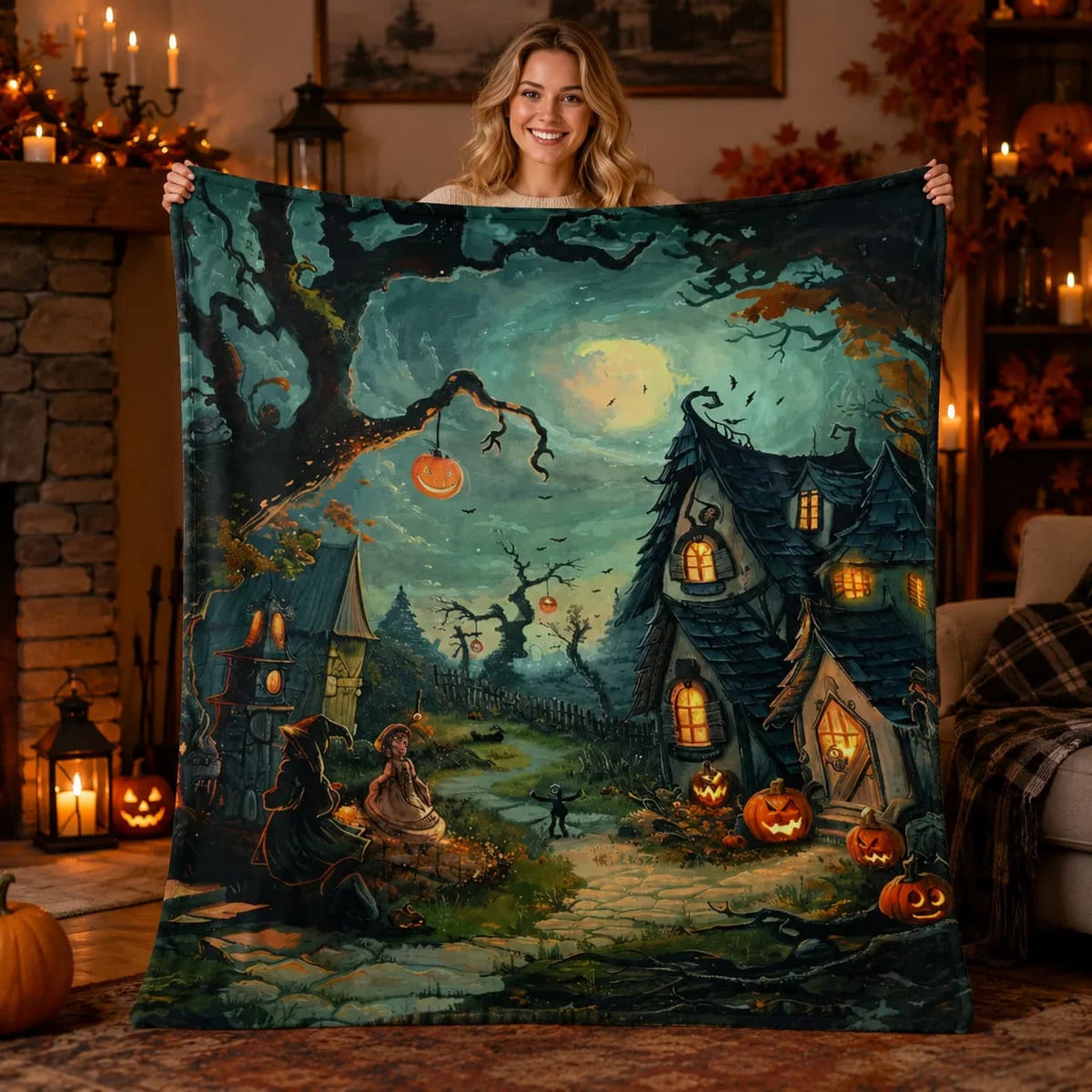 Halloween Blanket: Haunted Village and Pumpkin Scene (Cozy Throw Sizes)