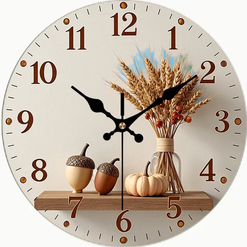 2D Flat. 1pc, Autumn Harvest Theme Wooden Wall Clock Silent Round Timepiece, Perfect Decor for Bedroom, Living Room, Office, Kitchen, And Bathroom, 12-Inch (AA Battery Not Included)