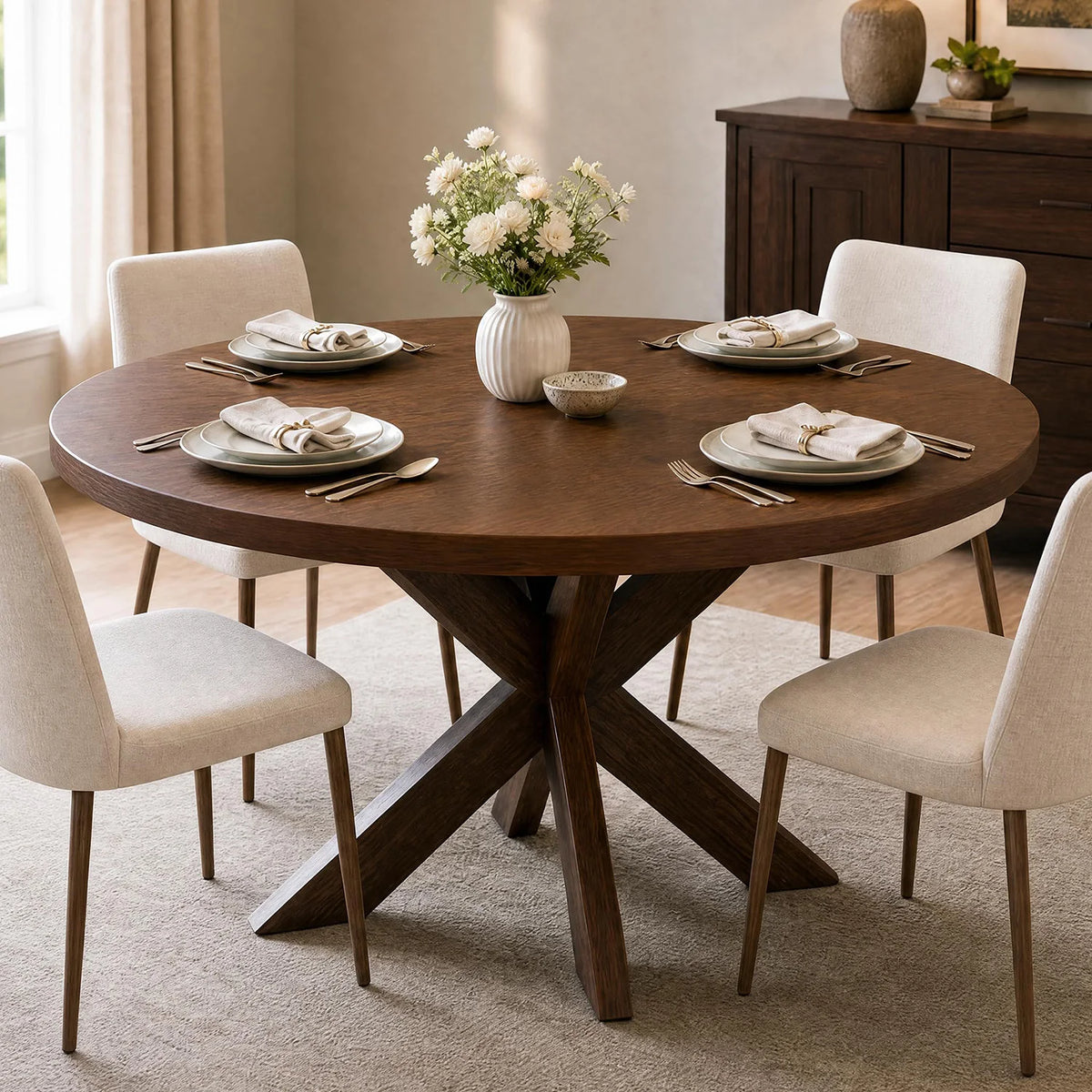 47" Round Dining Table For 4-6, Farmhouse Wood Kitchen Table With X Pedestal Base, Circle Table For Dining Room Apartment Restaurant