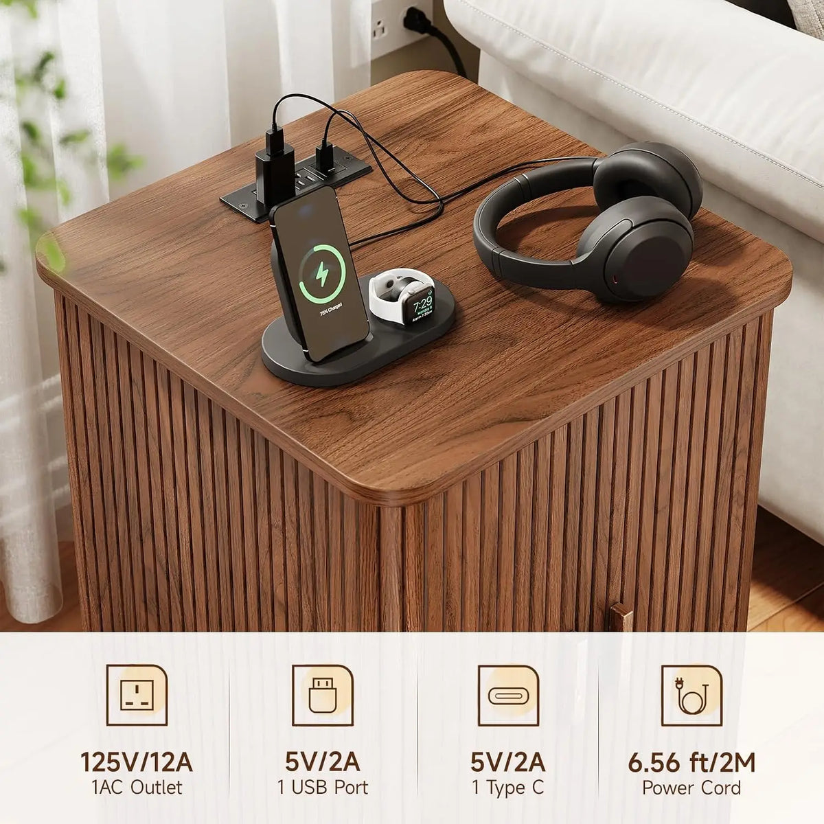 ONBRILL USB Charging Nightstand With Fluted Storage And Power Outlet