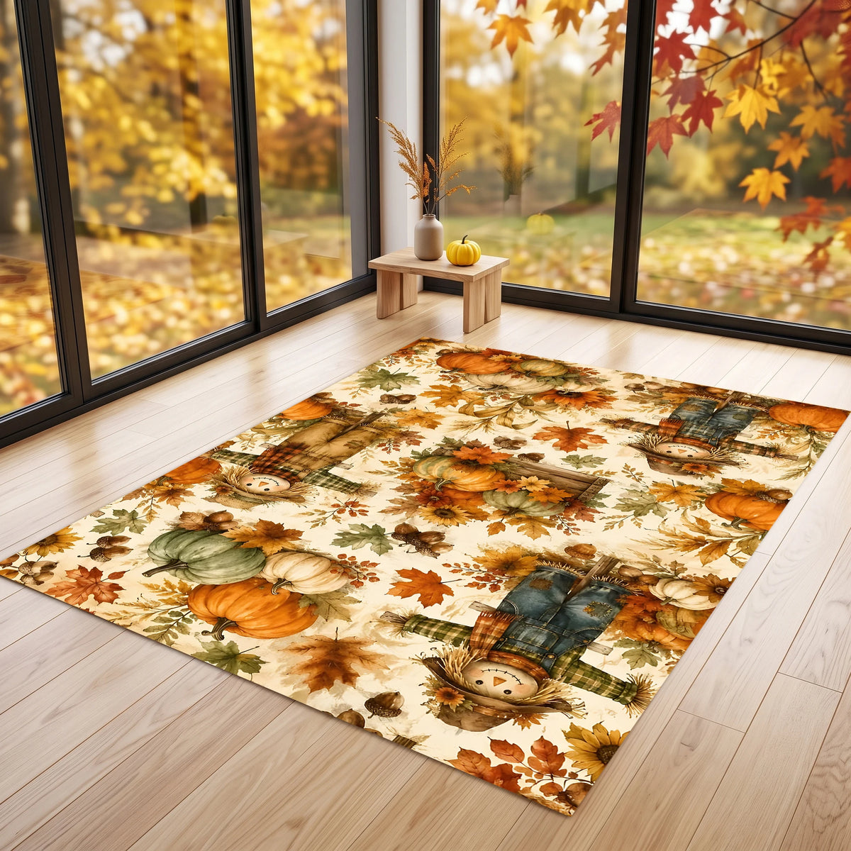 Scarecrow, Pumpkin, Autumn Maple Print, American Retro Style, Living Room, Entryway, Bedroom, Autumn and Winter Velvet Rug Creates a Warm Autumn Harvest Atmosphere