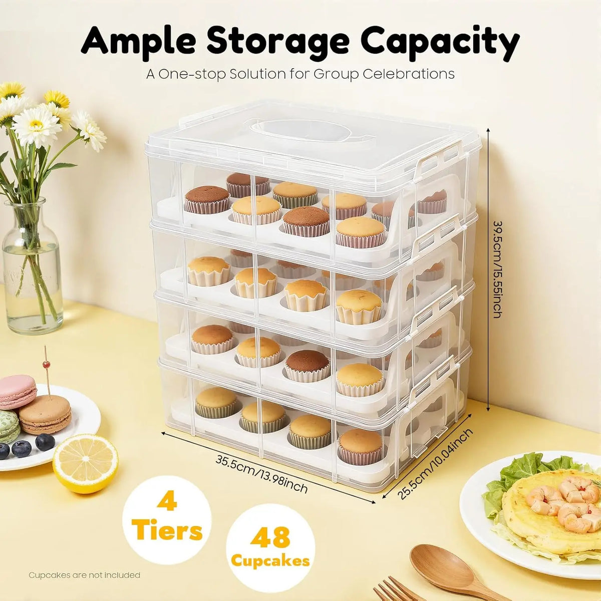 4-Tiers Cupcake Carrier, Cupcake Holder, Cupcake and Brownie Storage Container, Stacking Cupcake Storage Container Store up to 48 Cupcakes