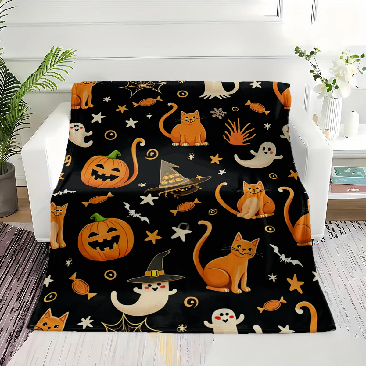 Halloween Flannel Throw Blanket Suitable for All- Cozy Bedspread with Playful Orange Cats, Ghosts & Jack-o'-Lanterns on Black - Soft Machine Washable Bedspread for Room,, or Decor - Ideal Holiday Gift for Year-Round