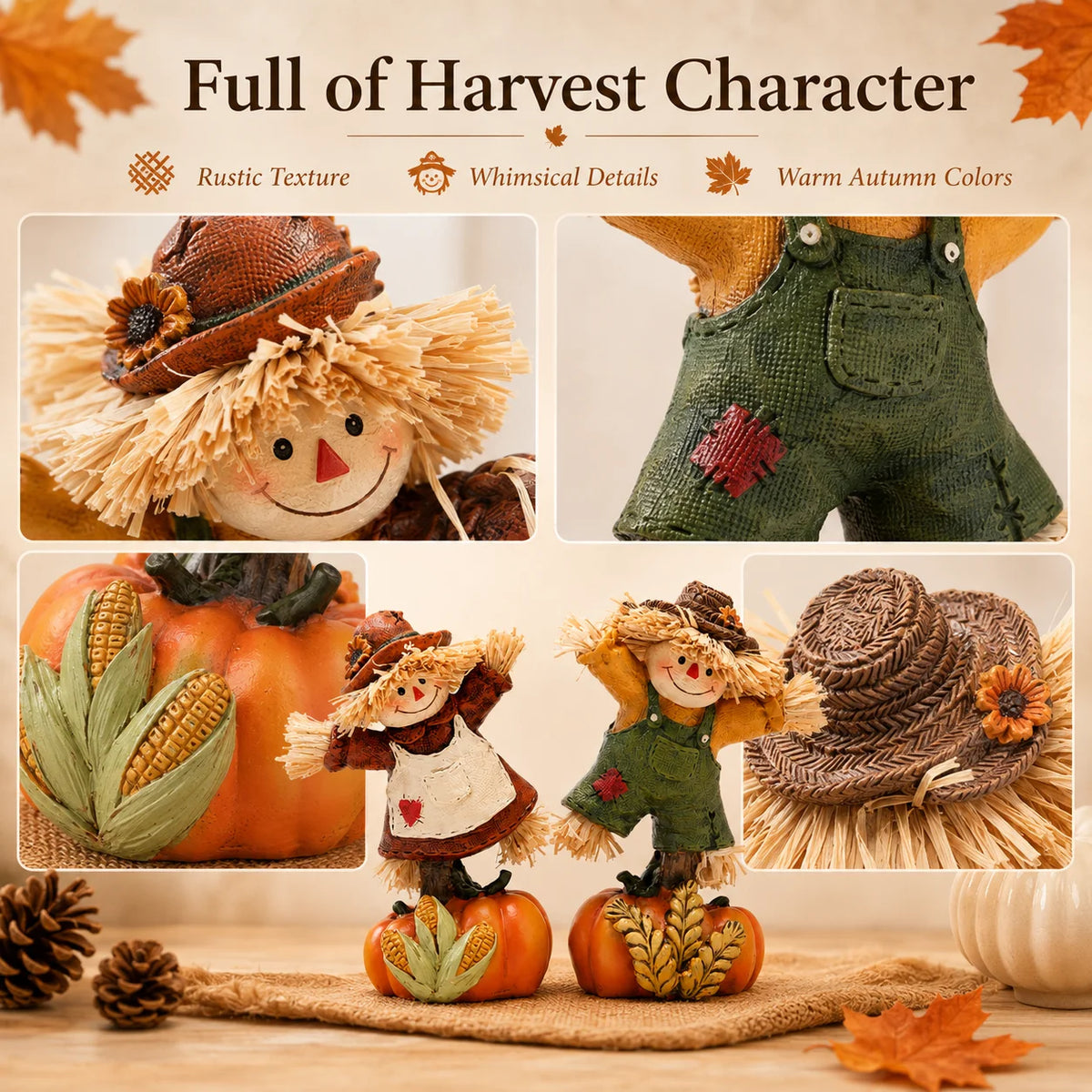 Hodao Set of 2 Fall Harvest Scarecrow Figurines, Resin Thanksgiving Pumpkin Decor, Hand-Painted Dancing Farmer Couple Statue with Cute Sunflower Accents, Fall Collectible Ornament, Seasonal Holiday Gift for Indoor, Patio, and