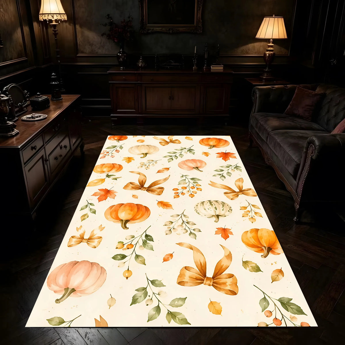 Halloween Carpet 2D Large Rug Pumpkin Bow Maple Leaf Print Retro Watercolor Style Warm Tones Soft Delicate Autumn Thanksgiving a
