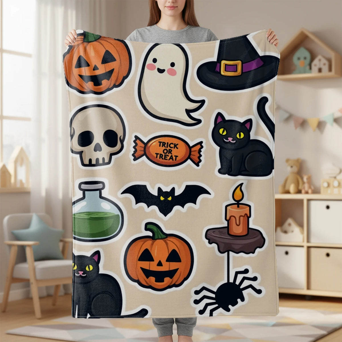 Halloween Cartoon Sticker Flannel Blanket, Festive Jack-O'-Lantern Ghost And Black Cat Pattern on Beige, Soft Warm All-Season Throw for Home Decor, Machine Washable Holiday Gift for Trick Or Treat Celebrations