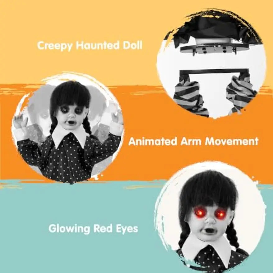 31.5" Halloween Animatronic Decorations Outdoor Ghost Doll Sound Activated Spooky Girl Prop with Glowing LED Eyes Creepy Sounds, Scary Haunted House Props for Garden Yard Lawn