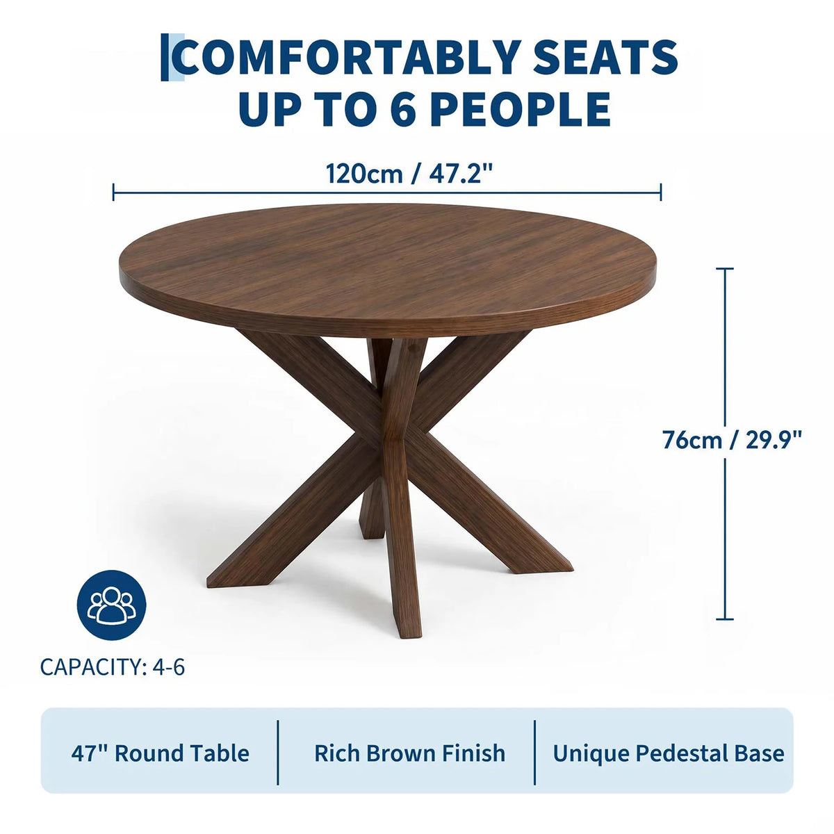 47" Round Dining Table For 4-6, Farmhouse Wood Kitchen Table With X Pedestal Base, Circle Table For Dining Room Apartment Restaurant