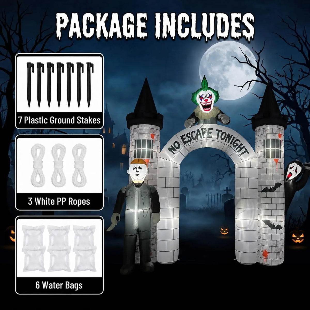 Outdoor Halloween Archway Inflatable with Built-In LEDs | 10FT Blow Up Arch for Yard Haunted House Decorations Featuring 3 Killer Characters | Easy Setup Inflatable Entrance for Indoor, Lawn & Garden