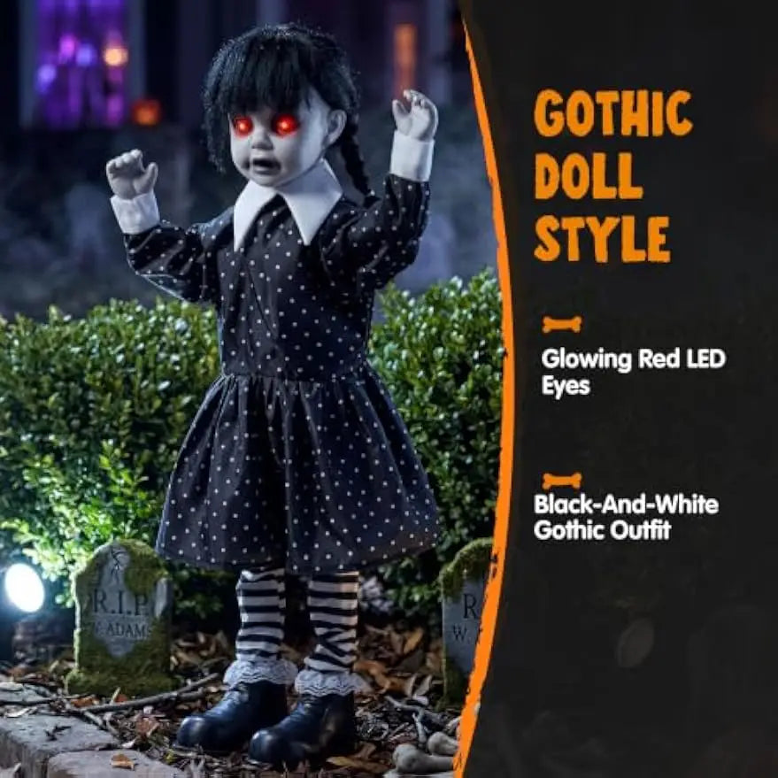 31.5" Halloween Animatronic Decorations Outdoor Ghost Doll Sound Activated Spooky Girl Prop with Glowing LED Eyes Creepy Sounds, Scary Haunted House Props for Garden Yard Lawn