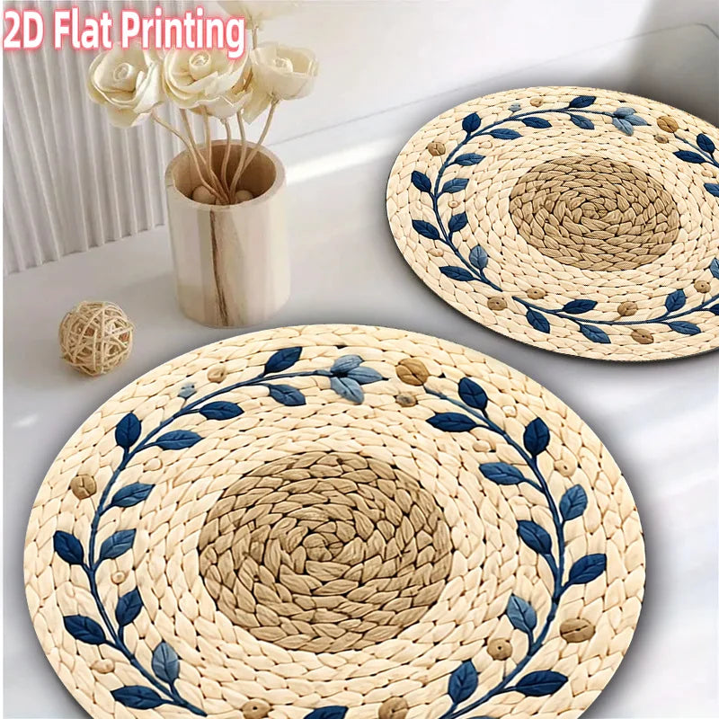 Set of 4 Beige & Blue Round Wooden Placemats - Suitable for Textured Dining Tables, Table Decor, Ideal for Parties, Easter Dinners and Table Settings, 2D Flat Print