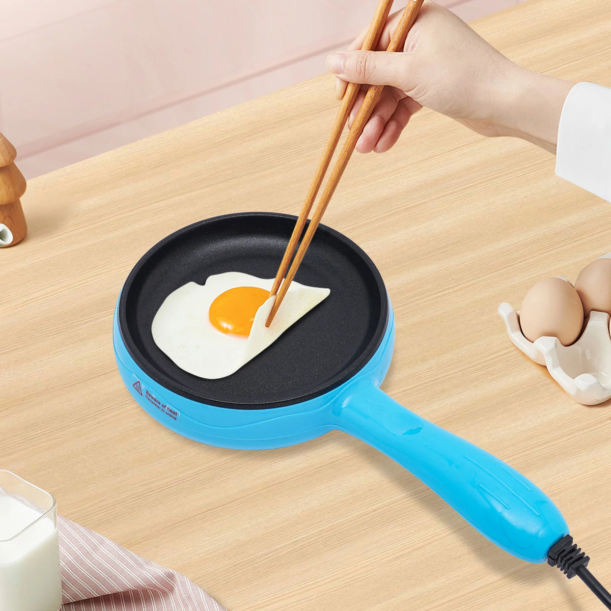 Portable Electric Skillet for Home Kitchen Dorm, 450W Non-Stick Blue Frying Pan