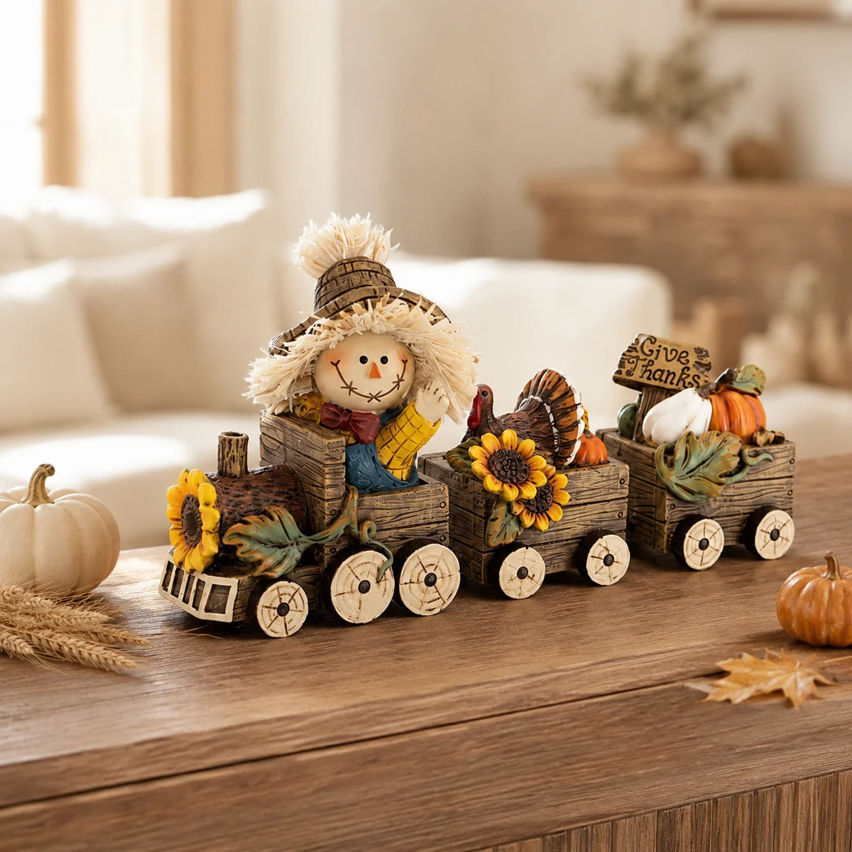Hodao Scarecrow Resin Fall Harvest Train Figurine, Locomotive with Turkey Pumpkin Sunflower Wagons, Thanksgiving Tabletop Decoration, Rustic Autumn Farmhouse Shelf Sitter Ornament for Mantel, Home, Patio and Seasonal Holiday