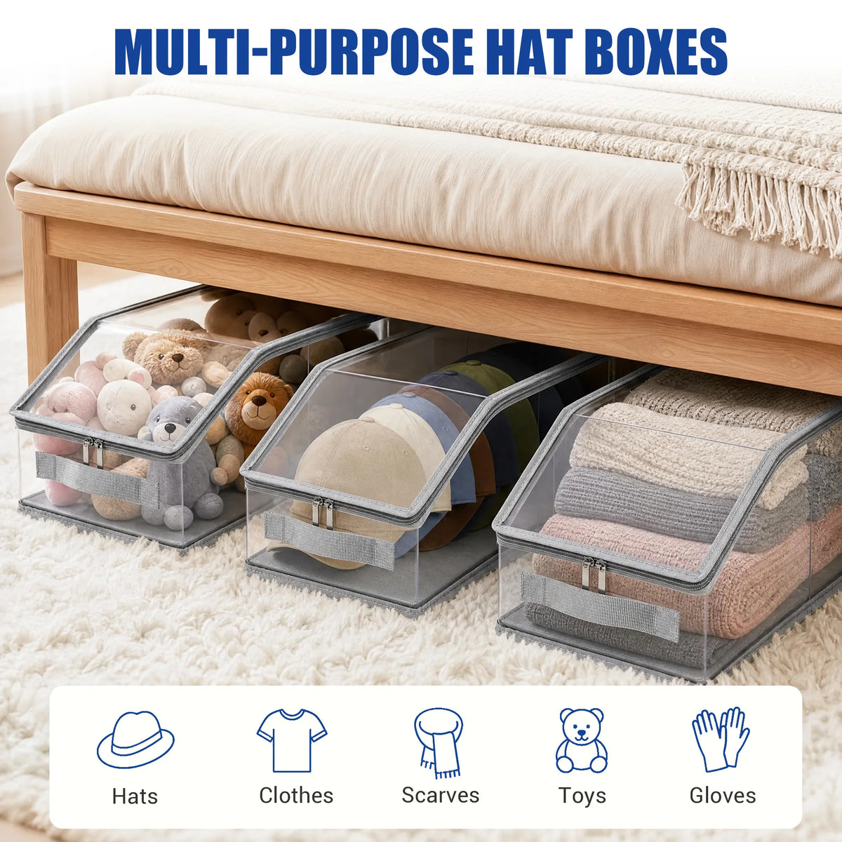 Hat Storage Organizer Box Clear PVC Baseball Cap Storage Container Stackable Dust‑Proof Cap Holder For Closet Wardrobe Under Bed