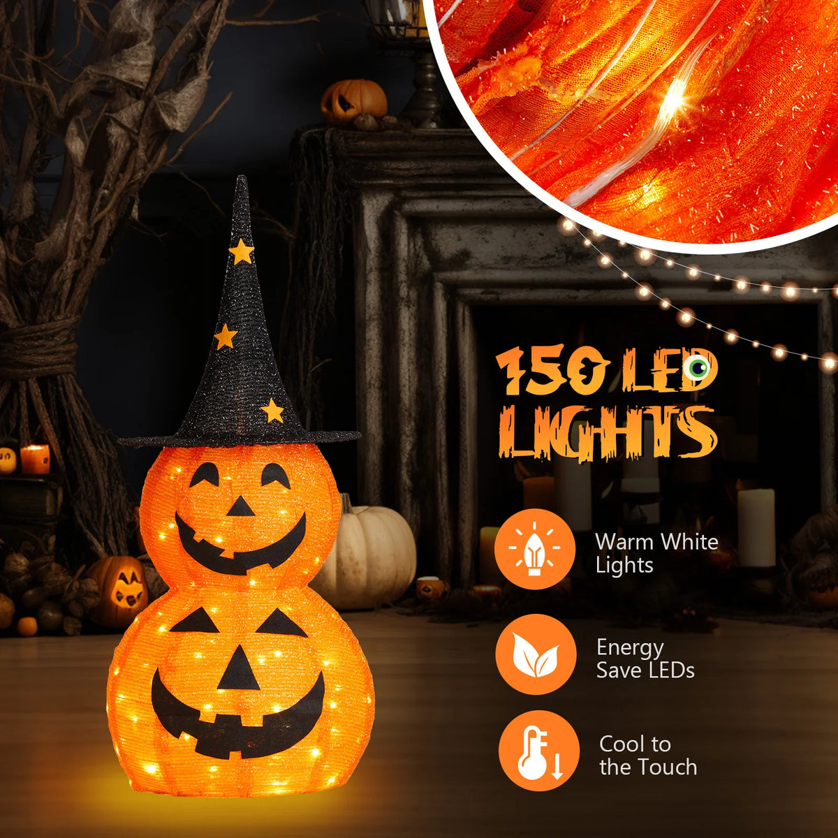 2Pcs 3FT Halloween Collapsible Pumpkin Decorations with 150 Warm LED Lights, Pop Up Lighted Pumpkin Ornament for Yard Lawn Holiday Decor
