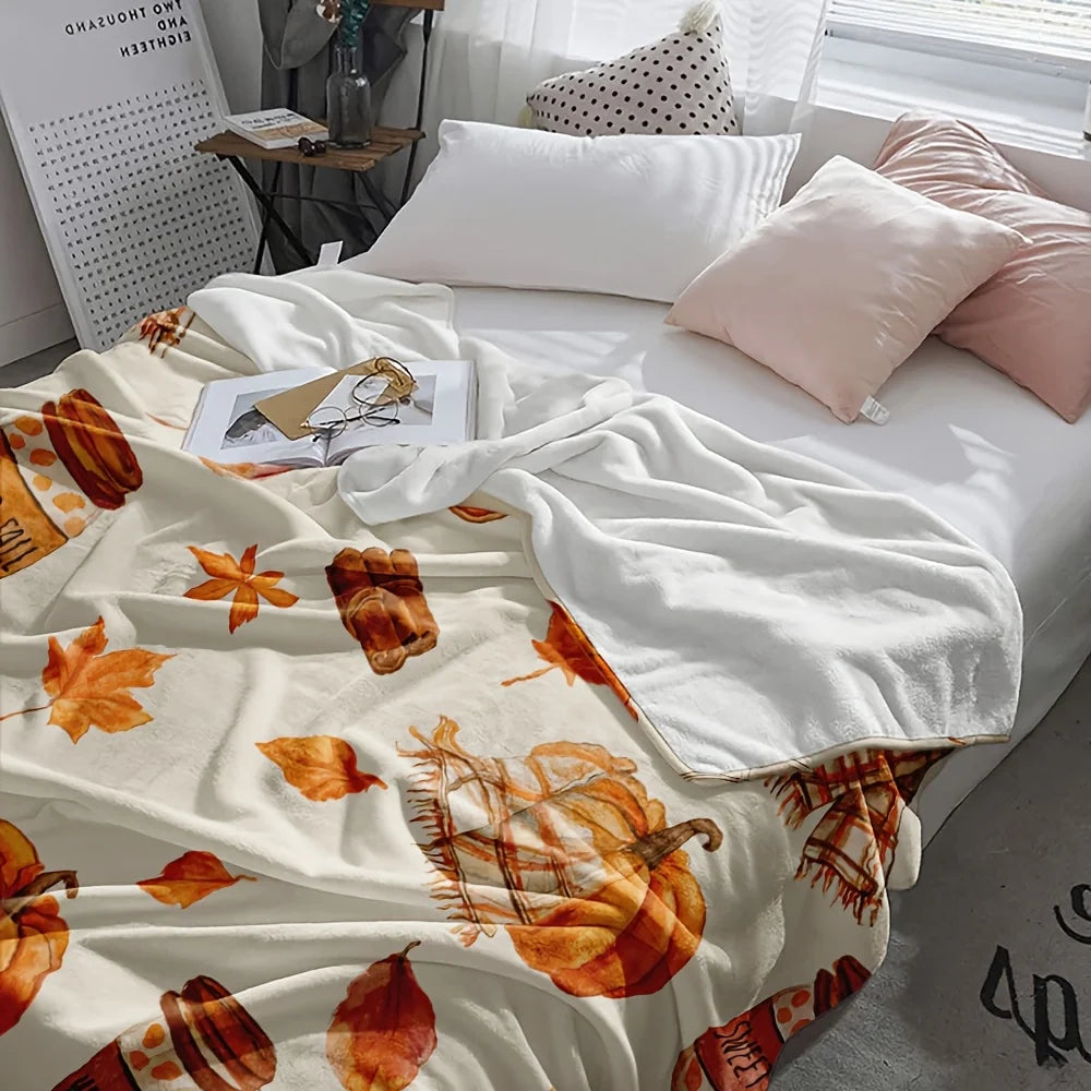 1pc, Autumn Pumpkin And Maple Leaf Pattern Flannel Blanket, Soft And Comfortable, Single-Sided Print, Suitable for Sofa And Camping And Office Nap Blanket, Thanksgiving Christmas Halloween Holiday Gift Blanket