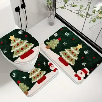 Christmas Bathroom Mat Set, Xmas Tree Snowman Bath Rug Non-Slip Toilet Seat Cover Set, Merry Christmas Home Decor
