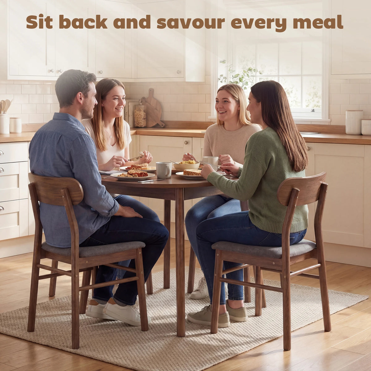 Homcom Dining Chairs Set of 4, Padded Solid Wood Kitchen Chairs, Mid-Century Modern Style Dining Room Chairs with Ergonomic Curved Backrest, Gray