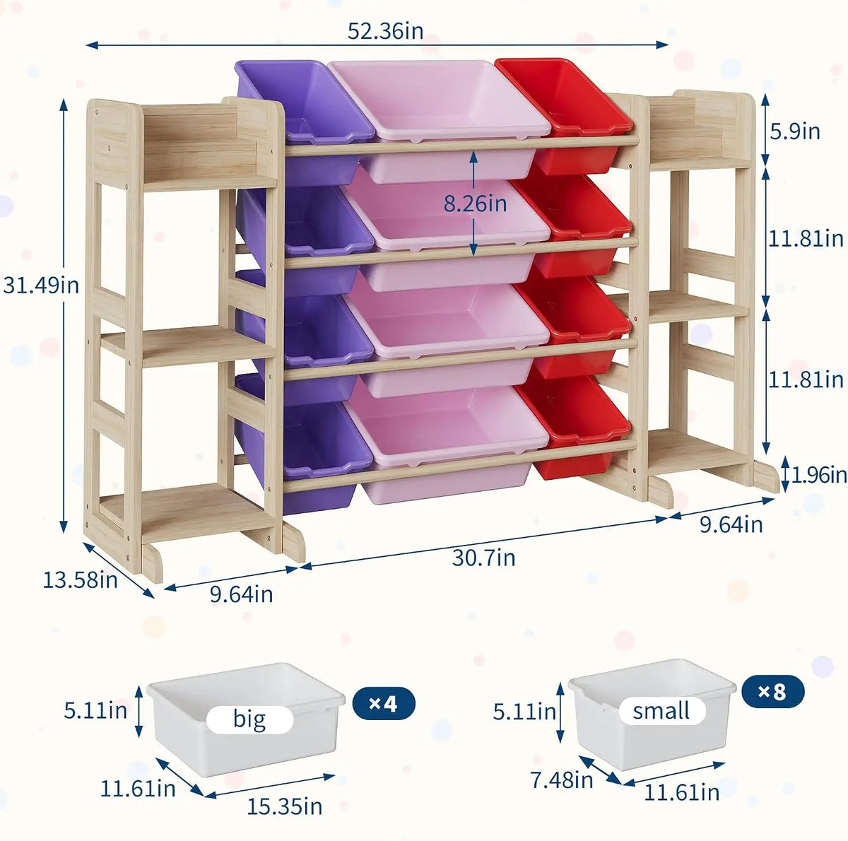 Tacleekii 42" 52" Wide Kids Toy Storage Organizer with 12 Bins & 3 Open Shelves Solid Wood Bookshelf Cabinet Storage Unit for Playroom Bedroom Living Room