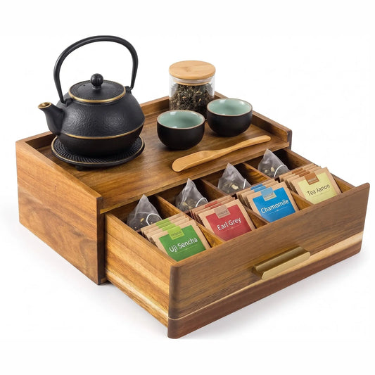 Wooden Tea Bag Organizer Drawer With Divided Compartments Wood Tea Storage Box Multi Slot Tea Caddy For Coffee Pods Countertop Holder For Home Kitchen And Office