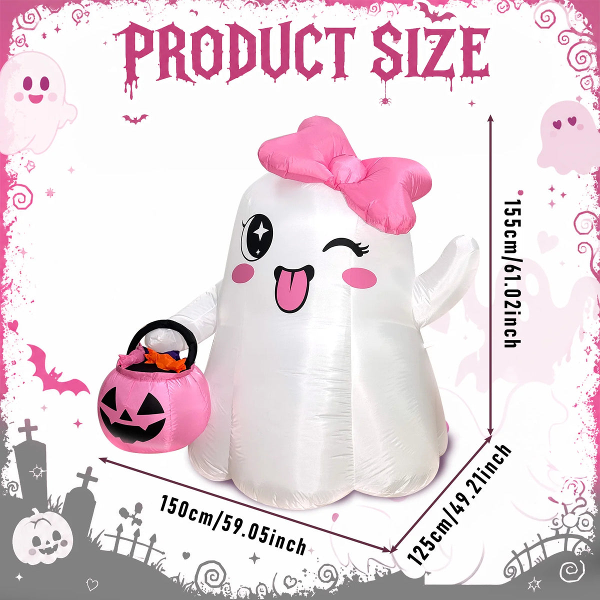 Halloween 5ft Inflatable Cute Ghost Decor with Pink Bow - Indoor/Outdoor Party, Store, and Event Venue Decoration