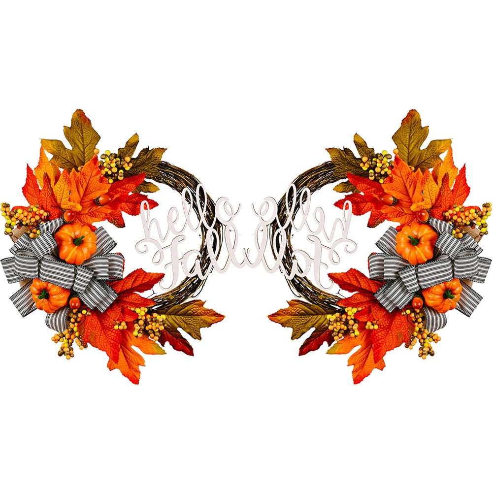 40cm Artificial Pumpkin Wreath Thanksgiving Garland Door Hanger Front Door Autumn Wreath for Thanksgiving Harvest Party Decor