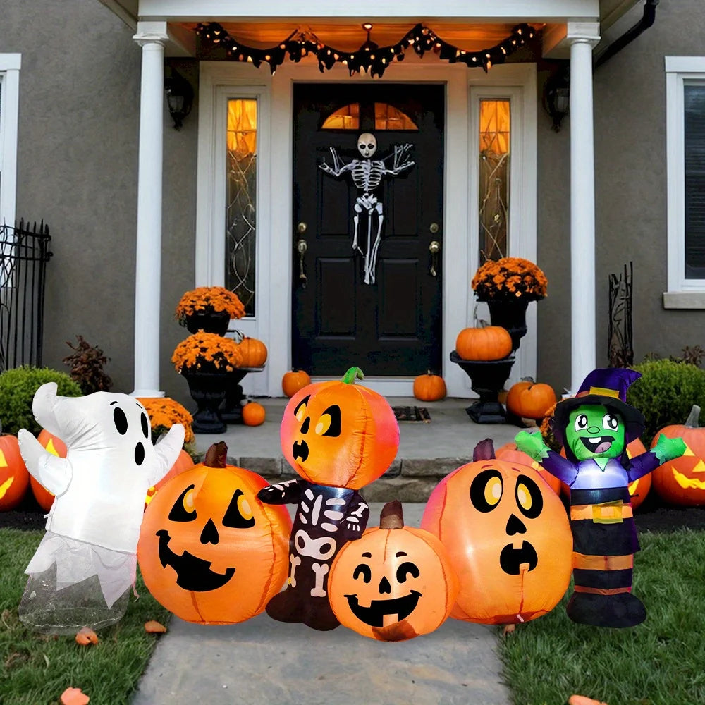Halloween Inflatable 8 ft Long Three Halloween Characters and Pumpkin Patch Blow Up Inflatables with Build-in LEDs for Party Indoor Outdoor Yard Lawn Garden Decorations