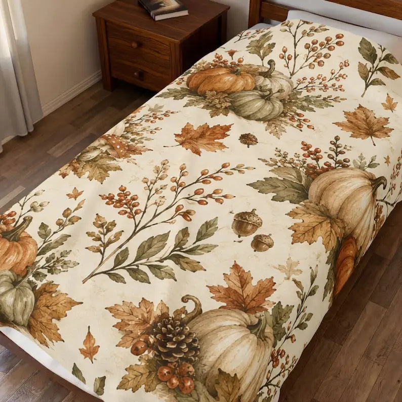 Autumn Pumpkins Velveteen Plush Blanket |   Fall Leaves Acorns Cozy Throw