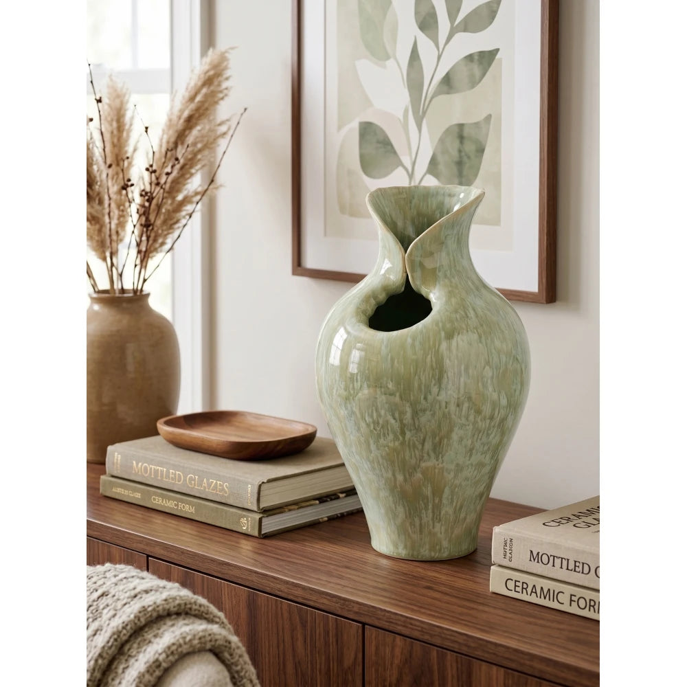 D7.9x11.8" Sage Office Green Sculptural Ceramic Vase Bedroom Decor Creativity Living Room Balcony Flowers Ornament MHHP