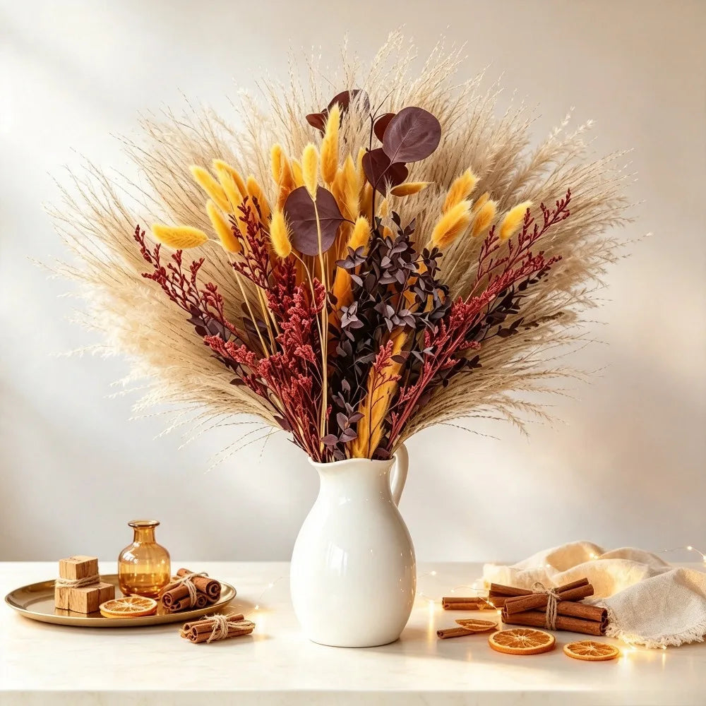 Autumn Dried Flower Bouquet, Pampas Grass, Bunny Tails Grass, Limonium, Eucalyptus Leaves, Natural Dried Floral Vase Filler, Farmhouse Home Table Decor, Christmas Valentine's Day Thanksgiving Wedding Party Decoration, Gift fo