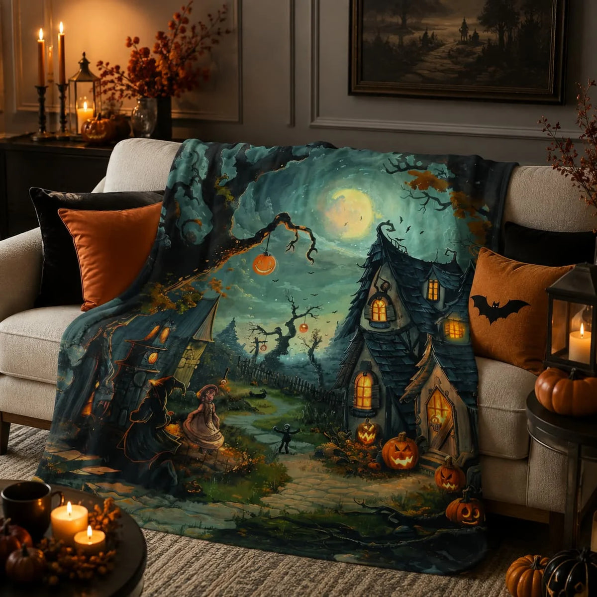 Halloween Blanket: Haunted Village and Pumpkin Scene (Cozy Throw Sizes)