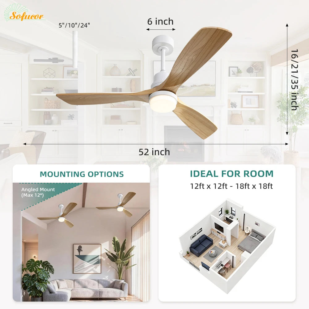 Sofucor 52-Inch 3 Blade Ceiling Fan With LED DC 6-Speed High Wind Speed With Remote Control for rooms