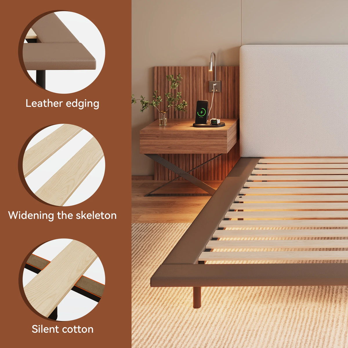 Luxury King Size Bed with Integrated Nightstands & Reading Lamps, Wide Headboard with LED Strip Lights, Modern Multifunctional Bedroom Furniture Set