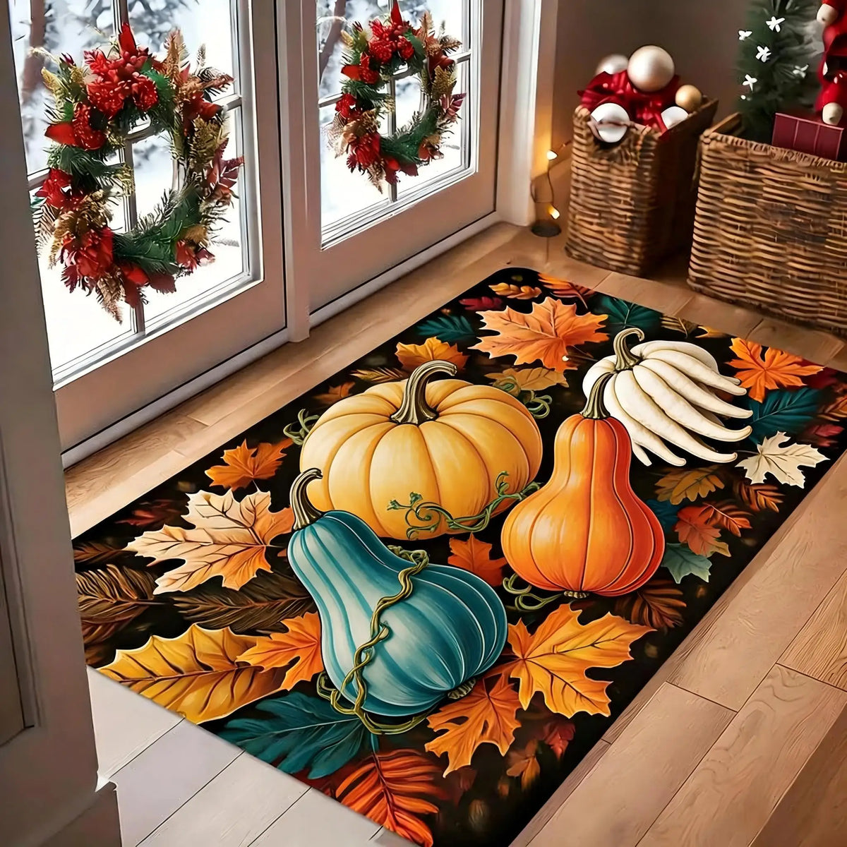 1pc Autumn Harvest Pumpkin And Leaf Pattern Doormat - a Vibrant Fall Decoration Featuring Orange, Yellow, And Pumpkins, Made of Machine-Washable Polyester Material, Perfect for Thanksgiving And Christmas Family Entryway Welco