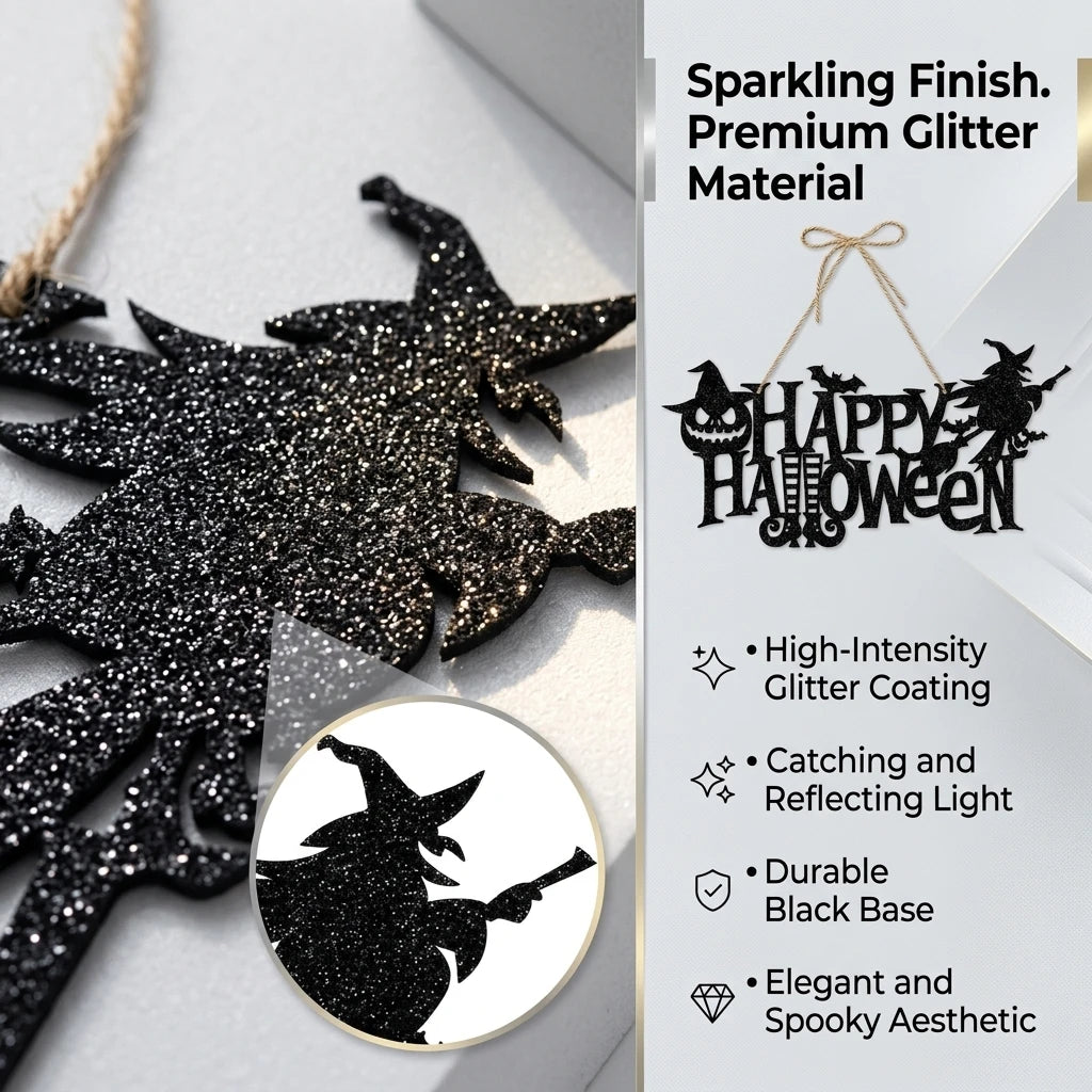Halloween Hanging Sign Happy Halloween Door Decoration Glitter Black Witch Pumpkin Bat Wall Decor for Party Home Haunted House Bar Layout, 16.1x8.3 Inches (41x21cm)