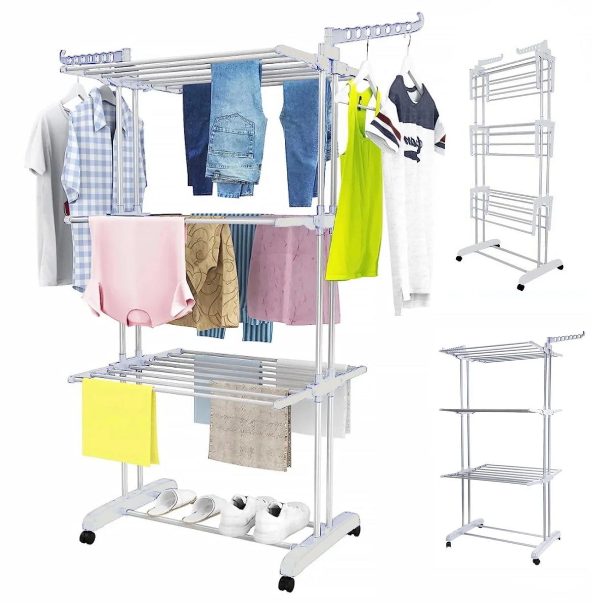 4-Tier Clothes Drying Rack Foldable Wings Dryer Clothes Space Saving Hanger Adjustable Large Garment Laundry Racks 2 Wing Hooks